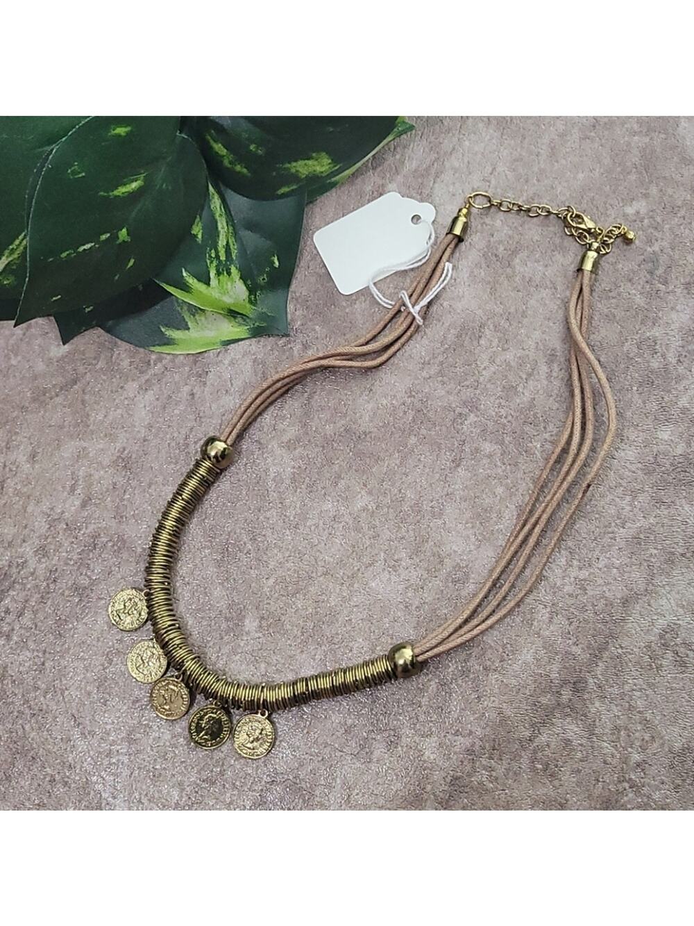 ZAD brown leather & gold toned coin necklace NEW